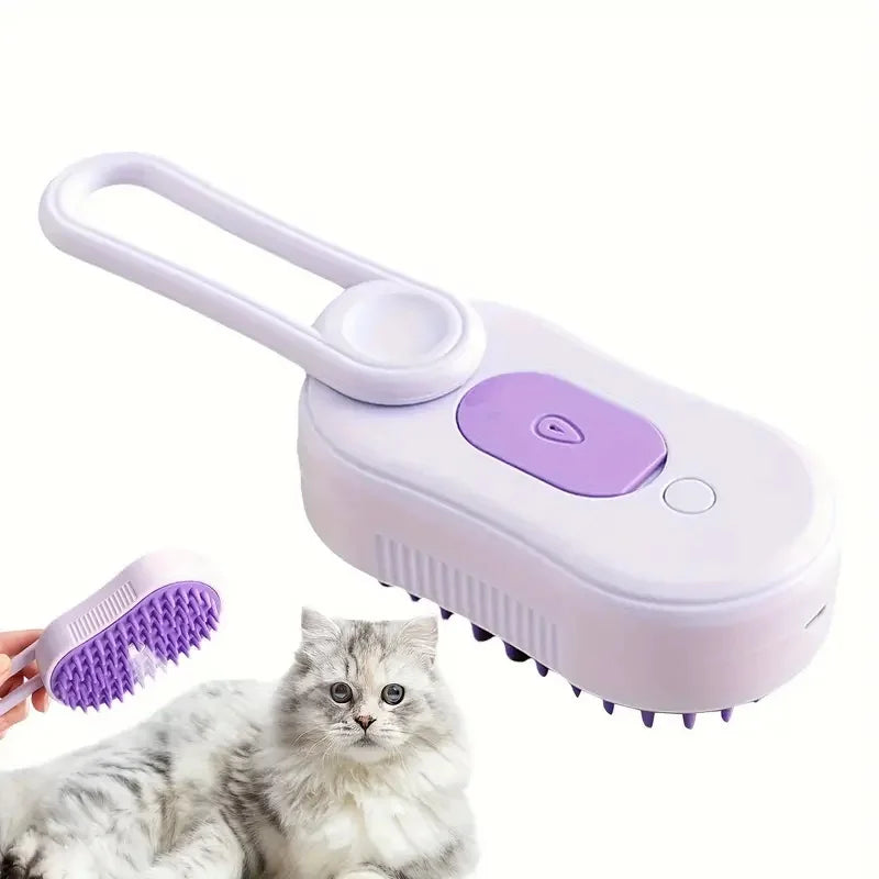 Pet steam brush with purple accents on white background next to a cat – 3-in-1 deshedding grooming comb with steam spray