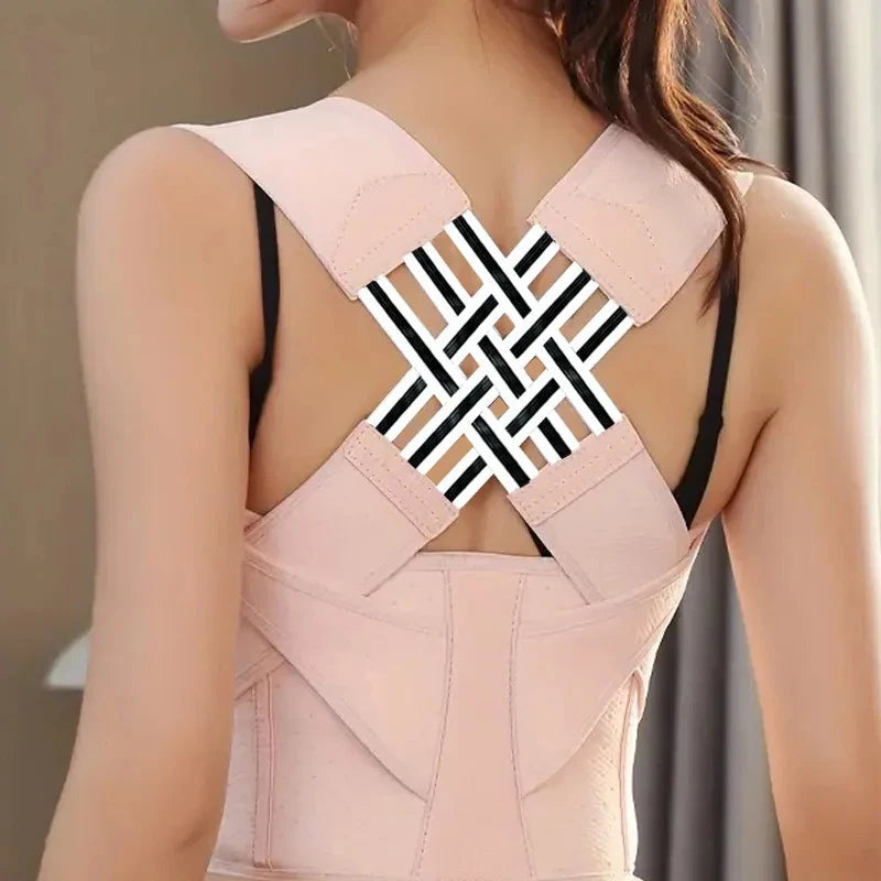 Posture corrector for women – pink back straightener brace with geometric cutout straps, back view