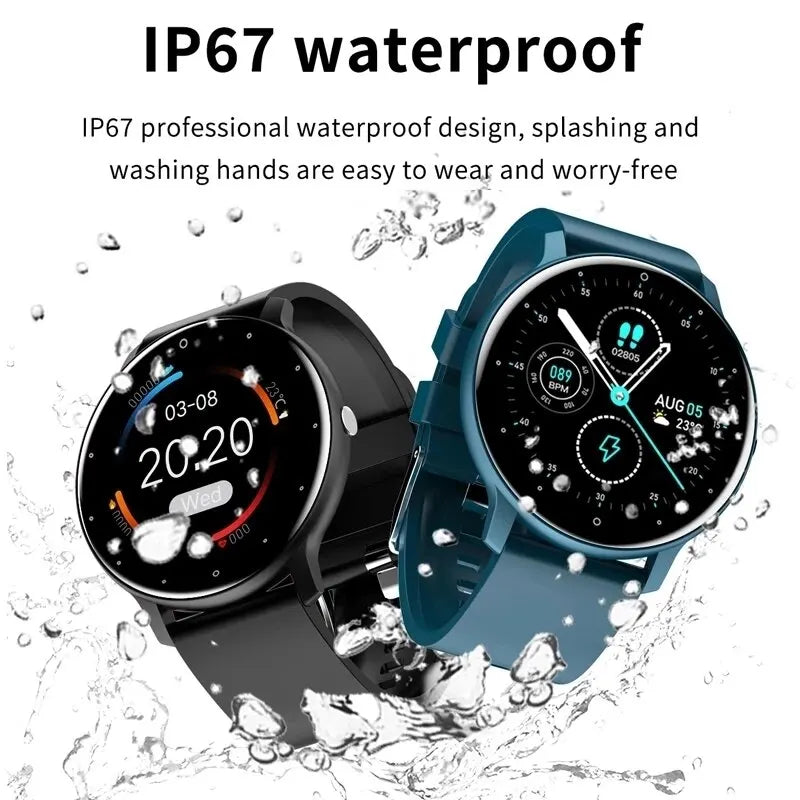 Two smartwatches with water splashes around them, emphasizing waterproof feature