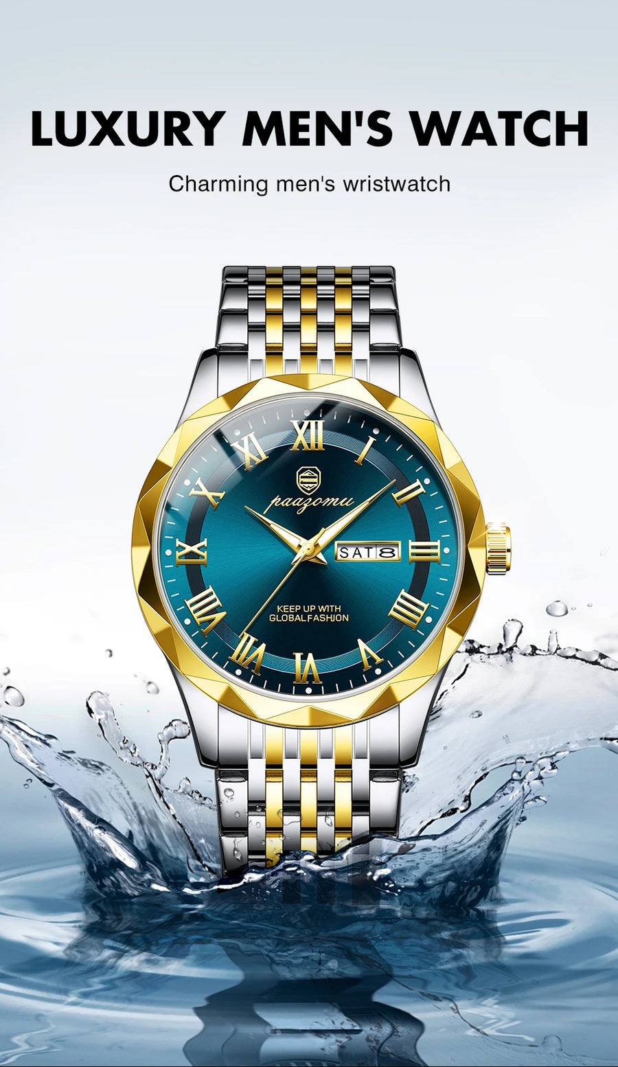 Men's minimalist quartz leisure watch – luxury men's watch with blue face and gold accents, splashing water effect
