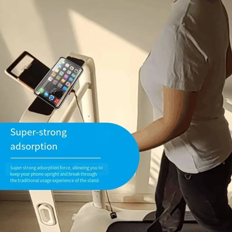 A person in a white t-shirt and dark pants stands beside a white treadmill or exercise machine, holding a smartphone mounted on the treadmill arm. A large blue text banner overlays the left side with promotional copy about 'Super-strong adsorption.
