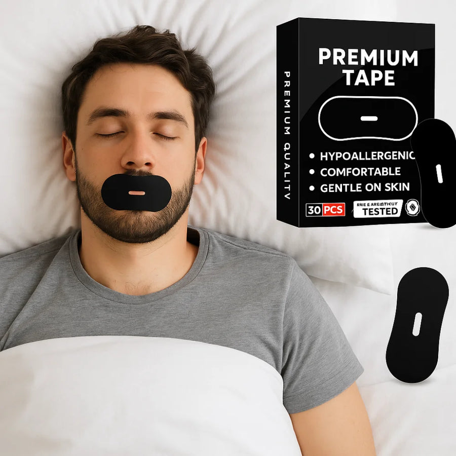 Man sleeping with black anti-snoring mouth tape on his lips — Premium Tape 30-pack box, hypoallergenic gentle sleep strips