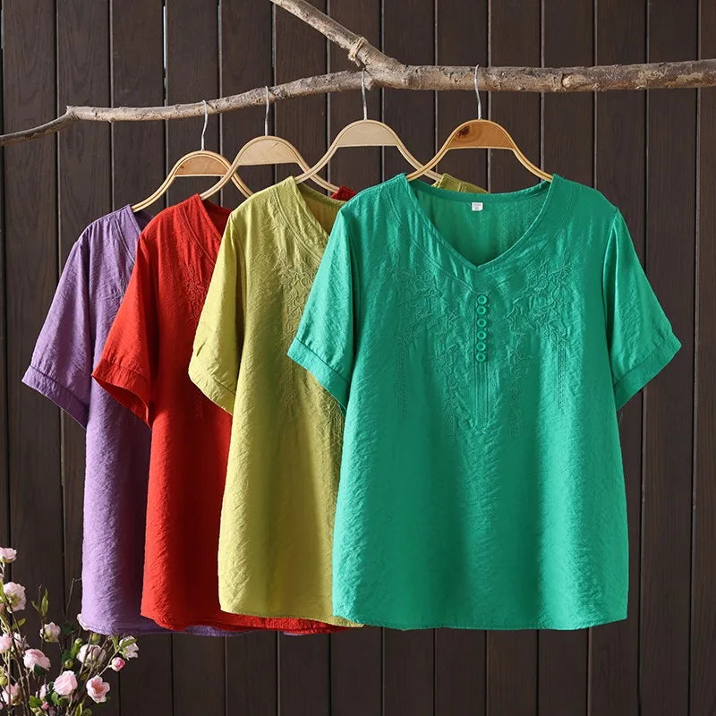 Women's Cotton Linen Embroidered Top – Vintage Casual Shirt