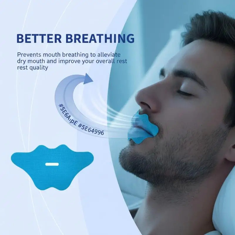 Anti-Snoring Sleep Tape - man wearing blue nasal breathing device with curved arrow and BETTER BREATHING text