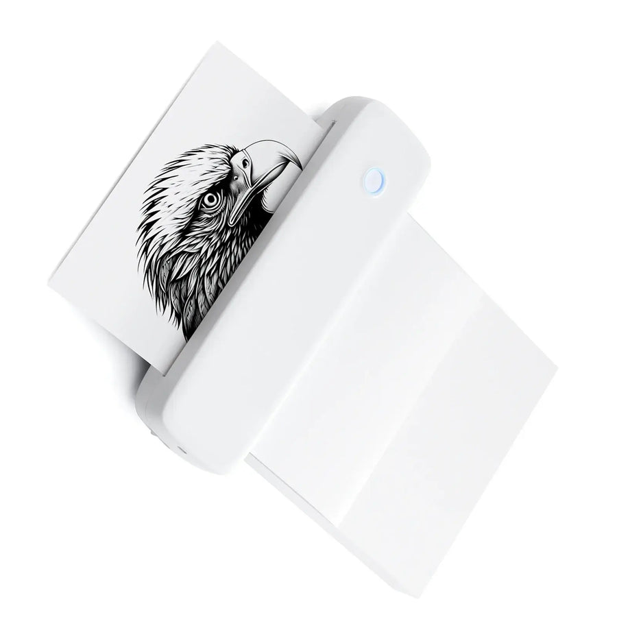 White portable Bluetooth thermal label printer with printed eagle design — wireless inkless label maker for photos and labels
