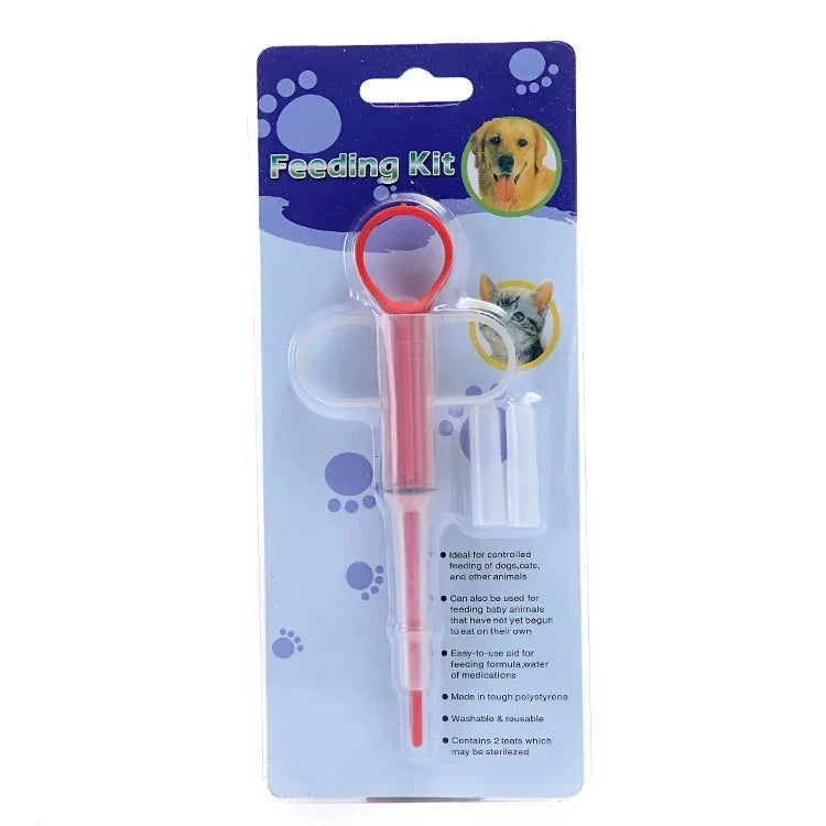 Pet pill feeder kit packaging with blue background and product details – pet feeding kit for dogs and cats
