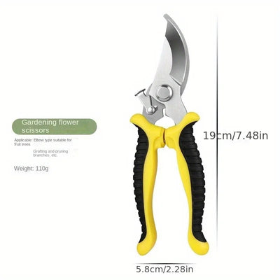 Gardening flower scissors with yellow handles on a white background