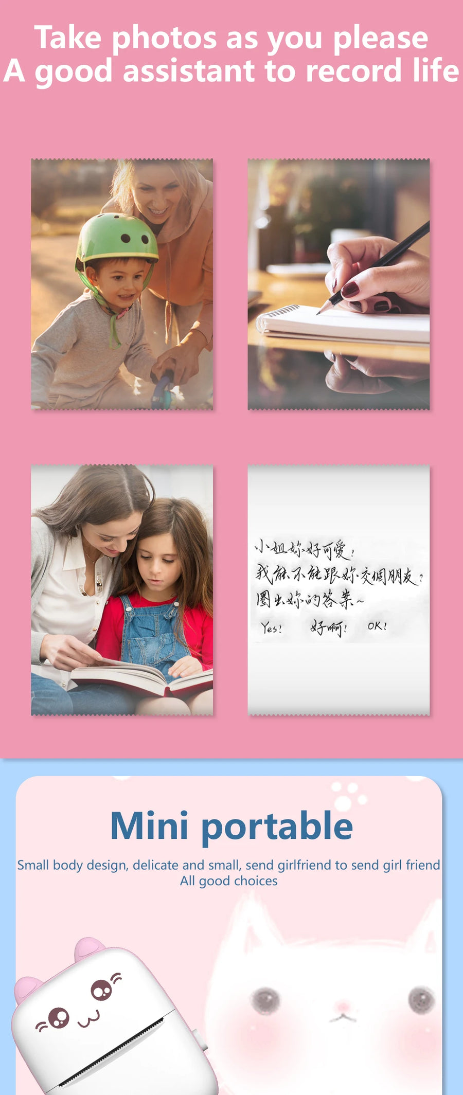 Promotional image of small portable mini Bluetooth thermal label printer with text and photos on pink background