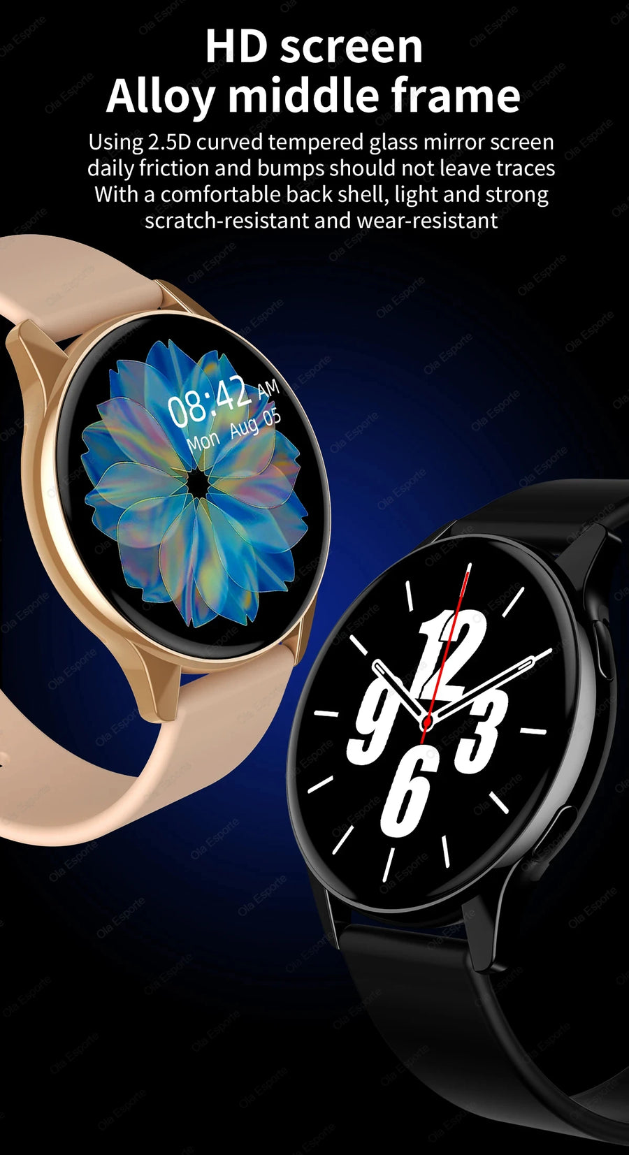 Two Women's Smart Watch 6 smartwatches in gold and black on dark background highlighting screen quality