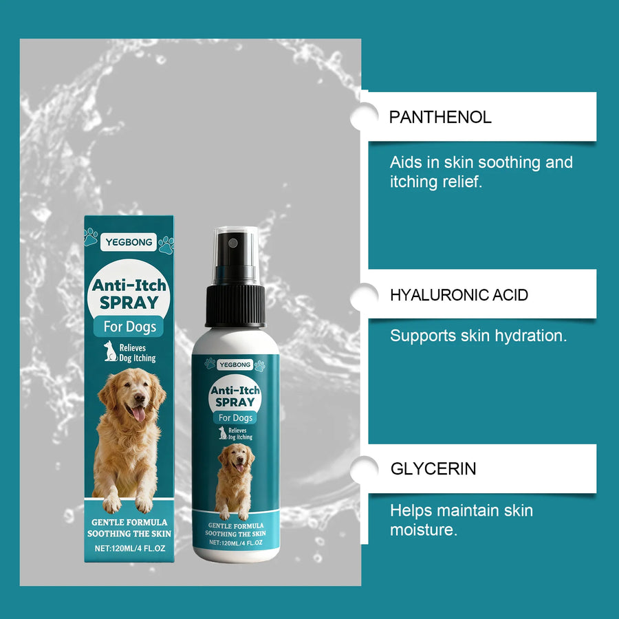 Yegbong Anti-Itch Spray for dogs with packaging and product details on a gray background.