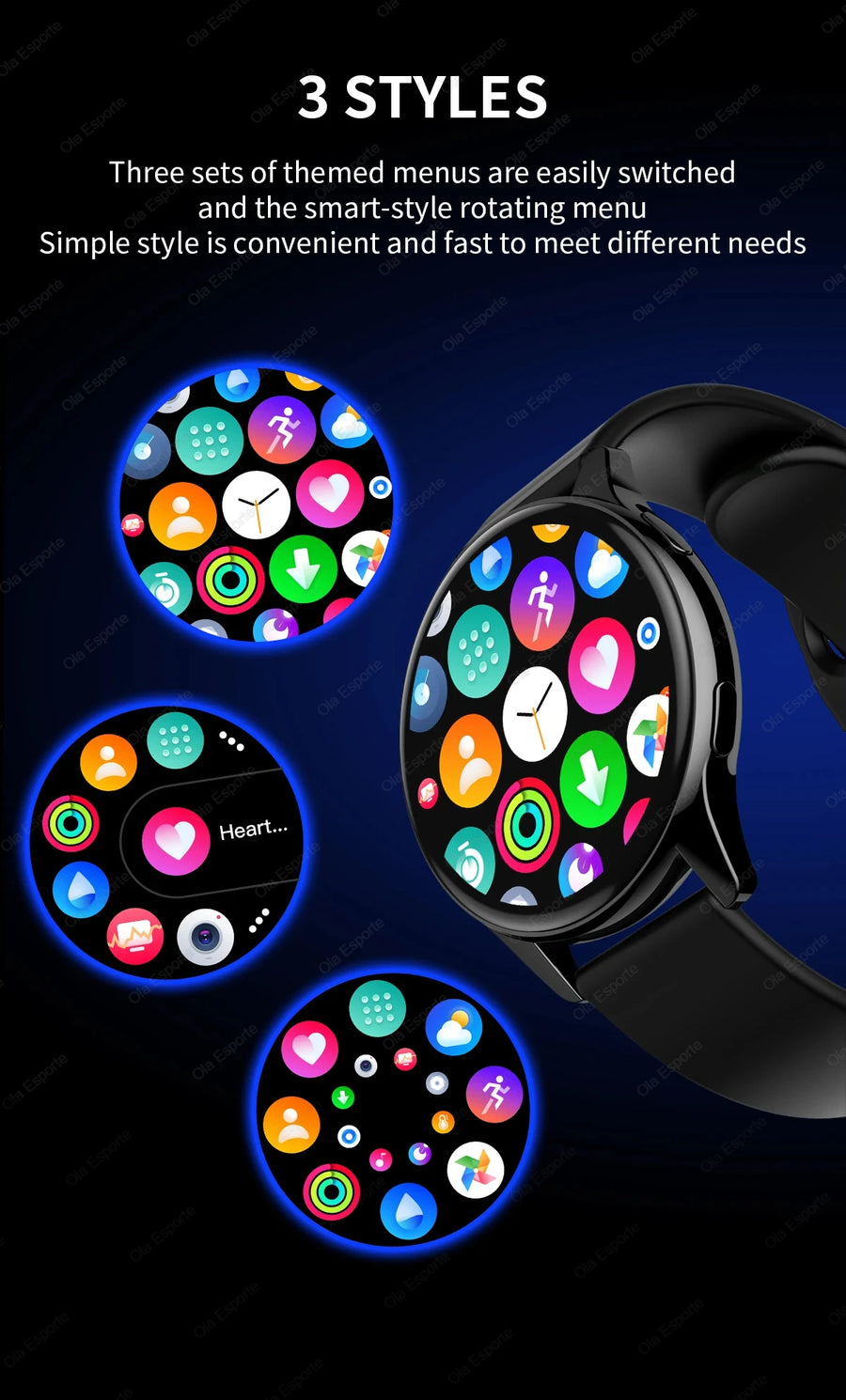 Women's Smart Watch 6 with colorful menu displays on dark background