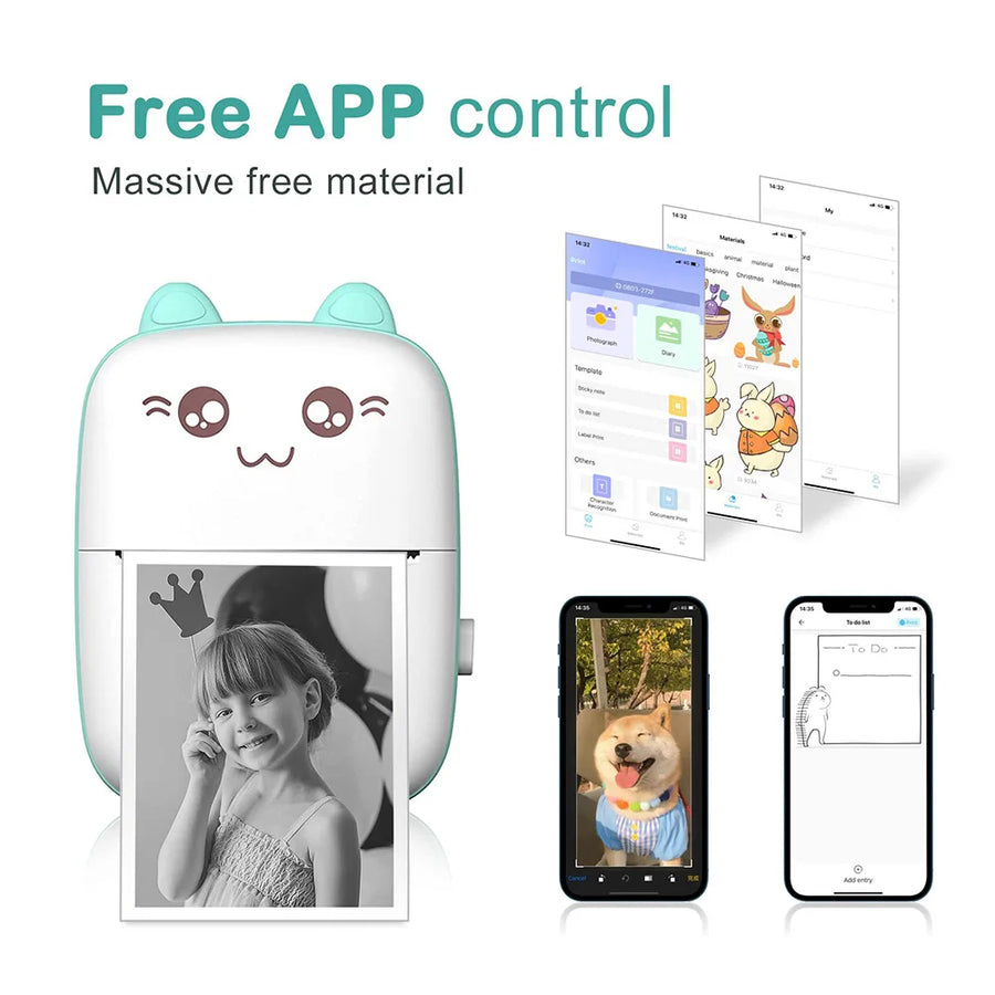 Mini Bluetooth thermal label printer with cartoon face, printed photo of a child and smartphone companion app interface on white background