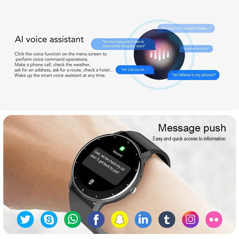 Smartwatch with AI voice assistant and message push notification graphics on wrist