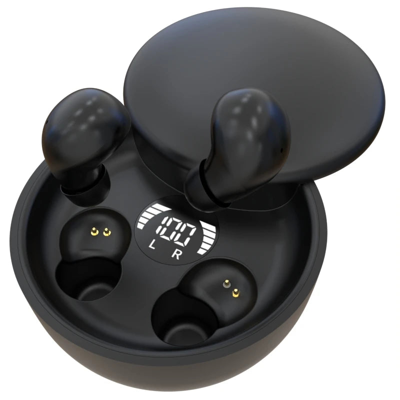 SK26 Bluetooth 5.4 wireless earbuds in black sliding charging case with LED battery display