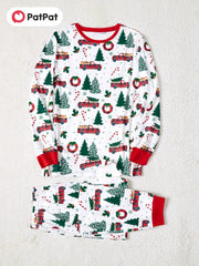 Festive Family Matching Christmas Pajamas Sets - Soft, Flame Resistant, Crew Neck, Round Neck, Long Sleeve, Allover Xmas Tree Graphic & Car Print - Perfect for Spring, Autumn, Fall, and Winter Seasons