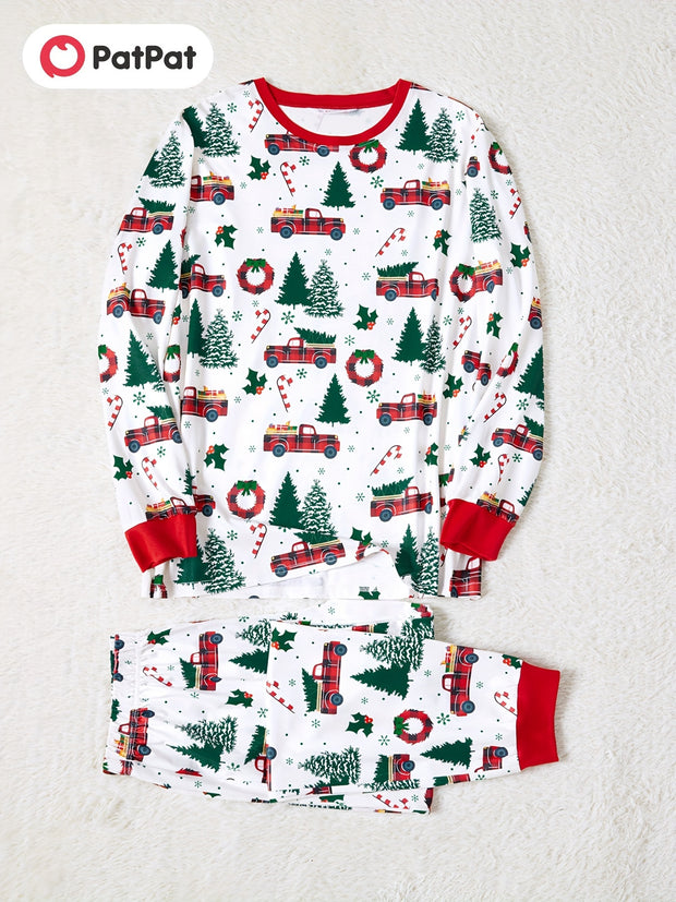 Festive Family Matching Christmas Pajamas Sets - Soft, Flame Resistant, Crew Neck, Round Neck, Long Sleeve, Allover Xmas Tree Graphic & Car Print - Perfect for Spring, Autumn, Fall, and Winter Seasons