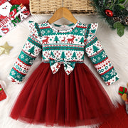 Girls' Long Sleeve Dress for Christmas Party, Festive Red and Green Pattern with Ruffled Hem & 3D Bow, Sweet & Cute Style for Celebrations and Photoshoots, Christmas Dress For Girls