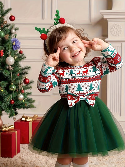Girls' Long Sleeve Dress for Christmas Party, Festive Red and Green Pattern with Ruffled Hem & 3D Bow, Sweet & Cute Style for Celebrations and Photoshoots, Christmas Dress For Girls