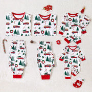 Festive Family Matching Christmas Pajamas Sets - Soft, Flame Resistant, Crew Neck, Round Neck, Long Sleeve, Allover Xmas Tree Graphic & Car Print - Perfect for Spring, Autumn, Fall, and Winter Seasons