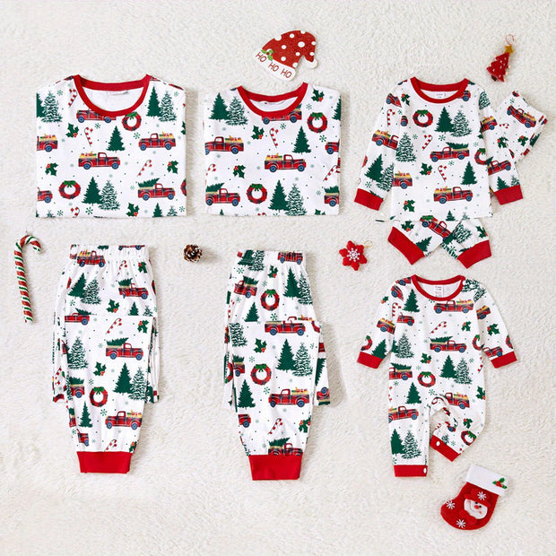 Festive Family Matching Christmas Pajamas Sets - Soft, Flame Resistant, Crew Neck, Round Neck, Long Sleeve, Allover Xmas Tree Graphic & Car Print - Perfect for Spring, Autumn, Fall, and Winter Seasons