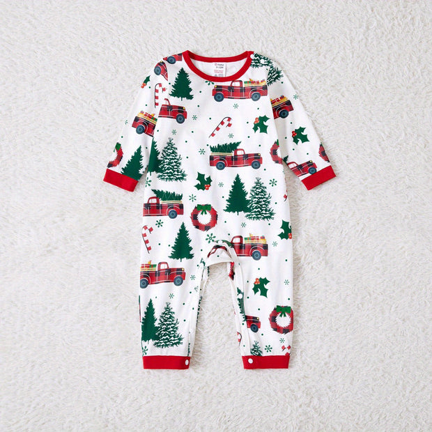 Festive Family Matching Christmas Pajamas Sets - Soft, Flame Resistant, Crew Neck, Round Neck, Long Sleeve, Allover Xmas Tree Graphic & Car Print - Perfect for Spring, Autumn, Fall, and Winter Seasons