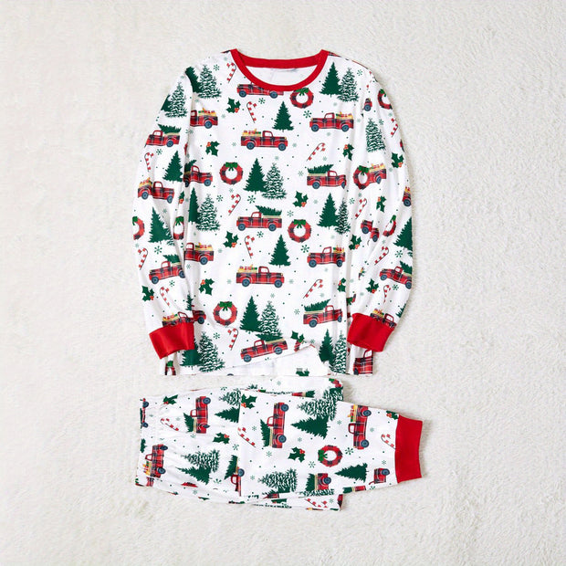 Festive Family Matching Christmas Pajamas Sets - Soft, Flame Resistant, Crew Neck, Round Neck, Long Sleeve, Allover Xmas Tree Graphic & Car Print - Perfect for Spring, Autumn, Fall, and Winter Seasons