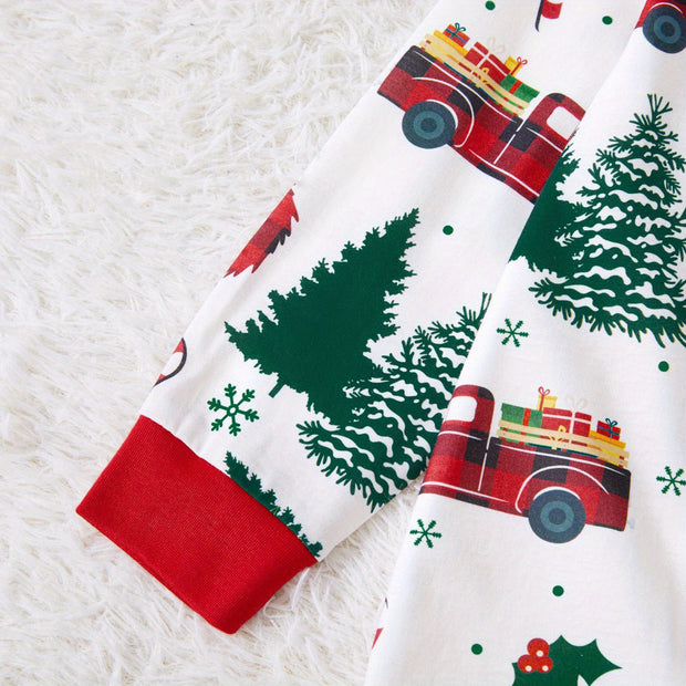 Festive Family Matching Christmas Pajamas Sets - Soft, Flame Resistant, Crew Neck, Round Neck, Long Sleeve, Allover Xmas Tree Graphic & Car Print - Perfect for Spring, Autumn, Fall, and Winter Seasons