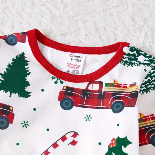 Festive Family Matching Christmas Pajamas Sets - Soft, Flame Resistant, Crew Neck, Round Neck, Long Sleeve, Allover Xmas Tree Graphic & Car Print - Perfect for Spring, Autumn, Fall, and Winter Seasons