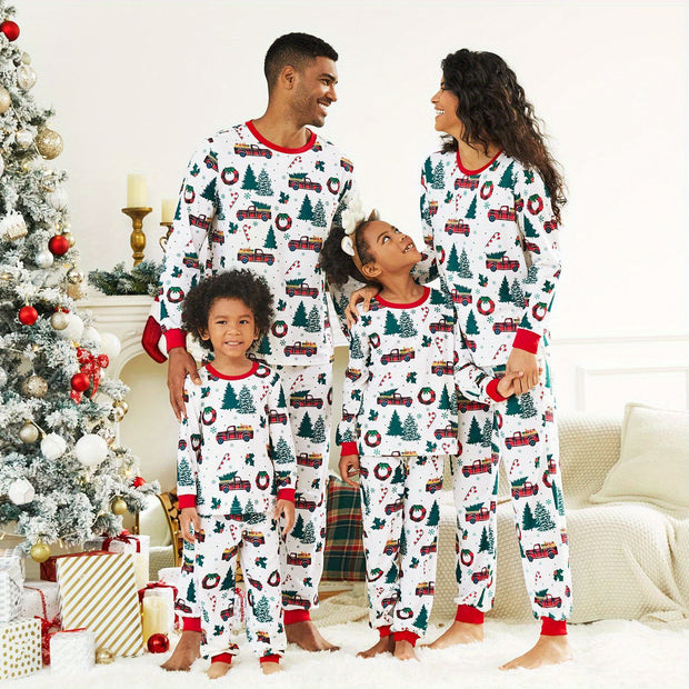 Festive Family Matching Christmas Pajamas Sets - Soft, Flame Resistant, Crew Neck, Round Neck, Long Sleeve, Allover Xmas Tree Graphic & Car Print - Perfect for Spring, Autumn, Fall, and Winter Seasons