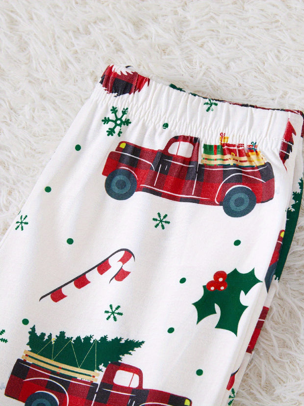Festive Family Matching Christmas Pajamas Sets - Soft, Flame Resistant, Crew Neck, Round Neck, Long Sleeve, Allover Xmas Tree Graphic & Car Print - Perfect for Spring, Autumn, Fall, and Winter Seasons