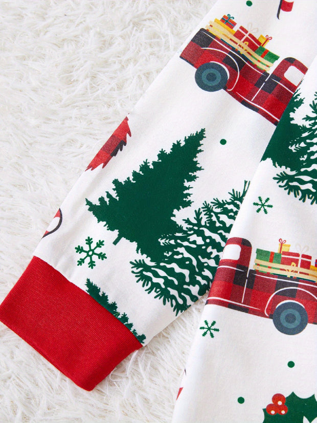 Festive Family Matching Christmas Pajamas Sets - Soft, Flame Resistant, Crew Neck, Round Neck, Long Sleeve, Allover Xmas Tree Graphic & Car Print - Perfect for Spring, Autumn, Fall, and Winter Seasons
