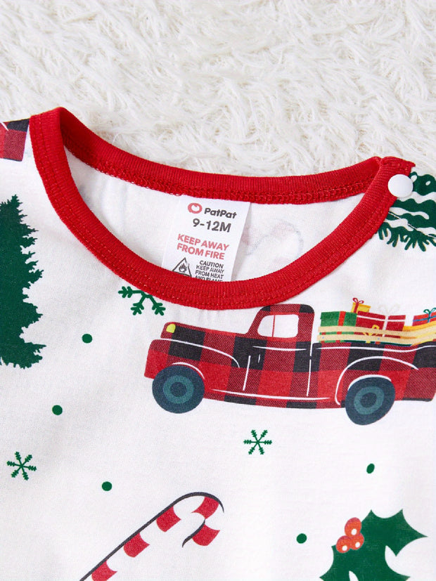Festive Family Matching Christmas Pajamas Sets - Soft, Flame Resistant, Crew Neck, Round Neck, Long Sleeve, Allover Xmas Tree Graphic & Car Print - Perfect for Spring, Autumn, Fall, and Winter Seasons