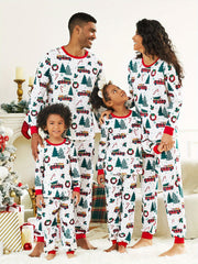 Festive Family Matching Christmas Pajamas Sets - Soft, Flame Resistant, Crew Neck, Round Neck, Long Sleeve, Allover Xmas Tree Graphic & Car Print - Perfect for Spring, Autumn, Fall, and Winter Seasons