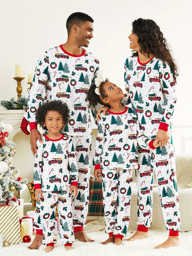 Festive Family Matching Christmas Pajamas Sets - Soft, Flame Resistant, Crew Neck, Round Neck, Long Sleeve, Allover Xmas Tree Graphic & Car Print - Perfect for Spring, Autumn, Fall, and Winter Seasons