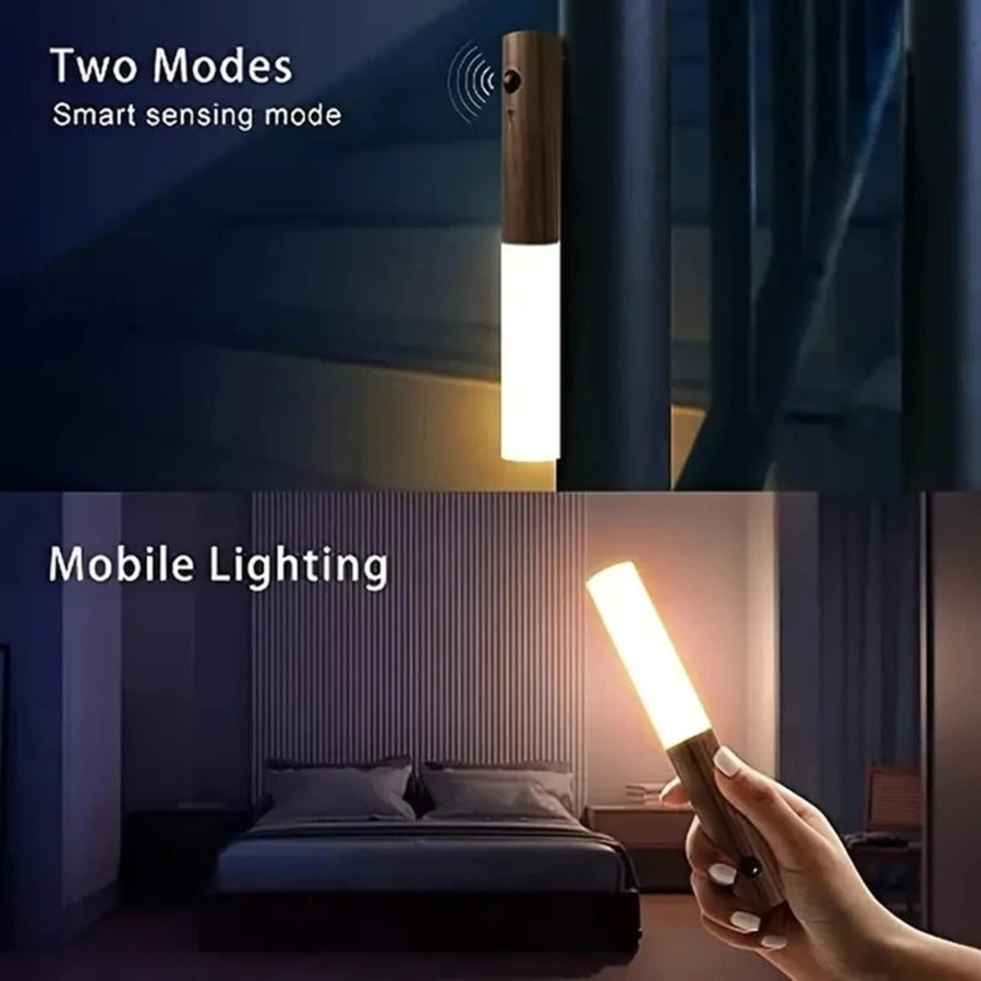 Rechargeable Motion Sensor Night Light – Magnetic Wooden Wall Lamp