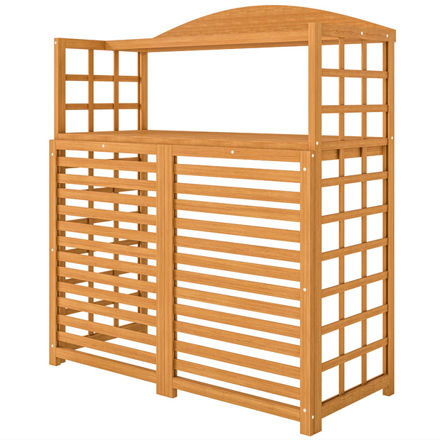 Outdoor Air Conditioner Fence Privacy Screen, Wood AC Fence Potting Table With Shelves For Patio, Light Brown
