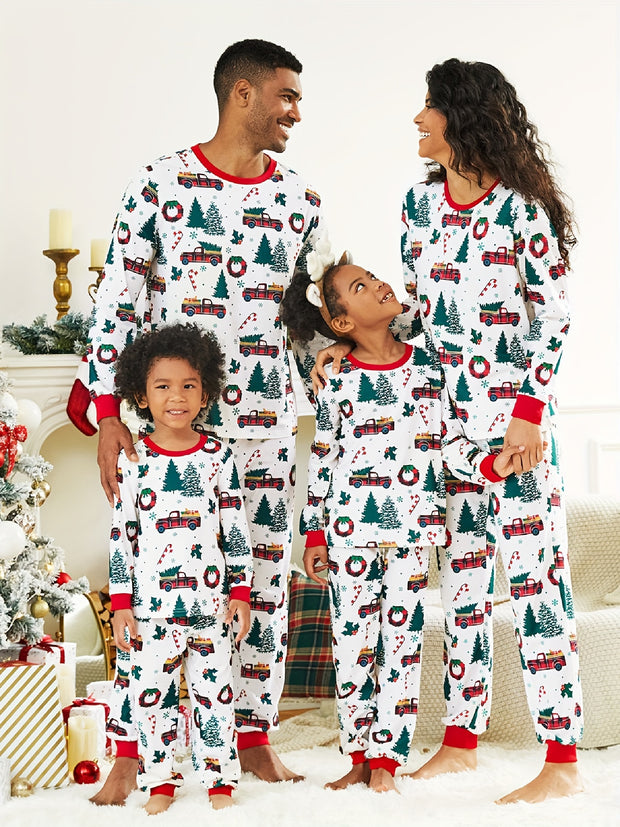 Festive Family Matching Christmas Pajamas Sets - Soft, Flame Resistant, Crew Neck, Round Neck, Long Sleeve, Allover Xmas Tree Graphic & Car Print - Perfect for Spring, Autumn, Fall, and Winter Seasons