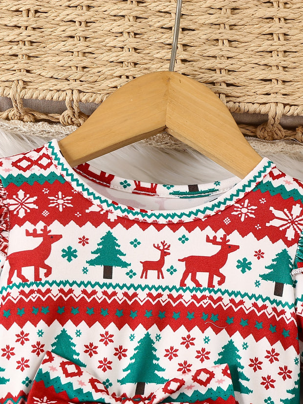 Girls' Long Sleeve Dress for Christmas Party, Festive Red and Green Pattern with Ruffled Hem & 3D Bow, Sweet & Cute Style for Celebrations and Photoshoots, Christmas Dress For Girls