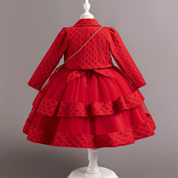 Christmas Girls' Elegant and Magnificent Tulle Dress Set, Princess Skirt for Birthday Party High-End Ball Gown Baby Holiday Performance Outfit, Christmas Dress For Girls