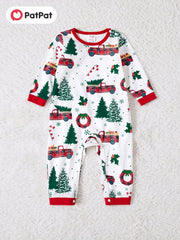 Festive Family Matching Christmas Pajamas Sets - Soft, Flame Resistant, Crew Neck, Round Neck, Long Sleeve, Allover Xmas Tree Graphic & Car Print - Perfect for Spring, Autumn, Fall, and Winter Seasons