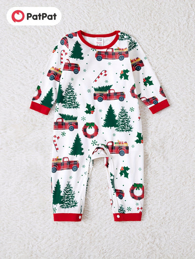 Festive Family Matching Christmas Pajamas Sets - Soft, Flame Resistant, Crew Neck, Round Neck, Long Sleeve, Allover Xmas Tree Graphic & Car Print - Perfect for Spring, Autumn, Fall, and Winter Seasons