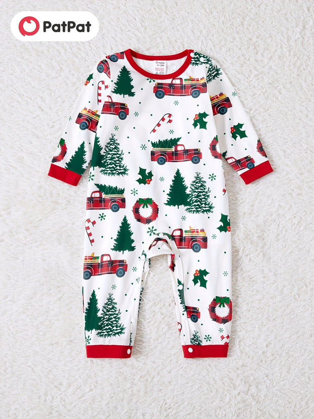 Festive Family Matching Christmas Pajamas Sets - Soft, Flame Resistant, Crew Neck, Round Neck, Long Sleeve, Allover Xmas Tree Graphic & Car Print - Perfect for Spring, Autumn, Fall, and Winter Seasons