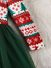 Girls' Long Sleeve Dress for Christmas Party, Festive Red and Green Pattern with Ruffled Hem & 3D Bow, Sweet & Cute Style for Celebrations and Photoshoots, Christmas Dress For Girls