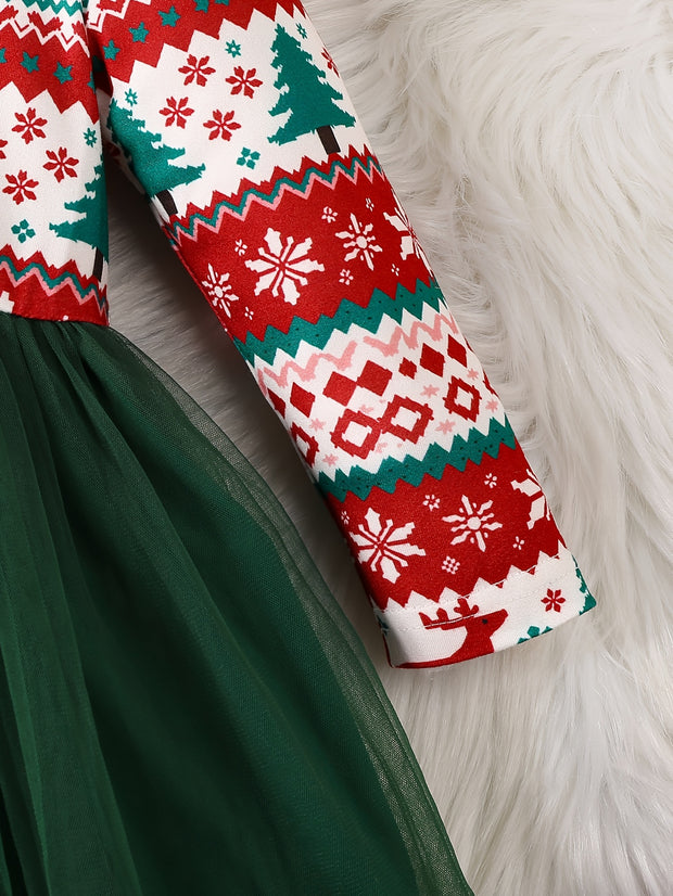 Girls' Long Sleeve Dress for Christmas Party, Festive Red and Green Pattern with Ruffled Hem & 3D Bow, Sweet & Cute Style for Celebrations and Photoshoots, Christmas Dress For Girls