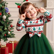 Girls' Long Sleeve Dress for Christmas Party, Festive Red and Green Pattern with Ruffled Hem & 3D Bow, Sweet & Cute Style for Celebrations and Photoshoots, Christmas Dress For Girls