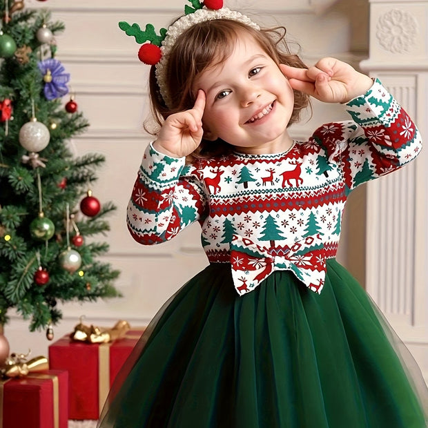 Girls' Long Sleeve Dress for Christmas Party, Festive Red and Green Pattern with Ruffled Hem & 3D Bow, Sweet & Cute Style for Celebrations and Photoshoots, Christmas Dress For Girls