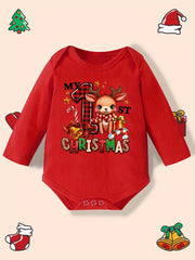 Baby Girl'S My 1st Christmas Long Sleeve Romper - Festive Reindeer & Letter Print, Soft Breathable Fabric, Snap Closure, Cozy Winter Outfit for Newborns, Holiday Celebration Outfit, Christmas Baby Clothes, Newborn Winter Wear