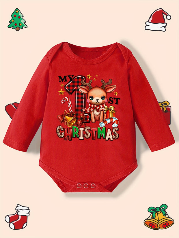 Baby Girl'S My 1st Christmas Long Sleeve Romper - Festive Reindeer & Letter Print, Soft Breathable Fabric, Snap Closure, Cozy Winter Outfit for Newborns, Holiday Celebration Outfit, Christmas Baby Clothes, Newborn Winter Wear