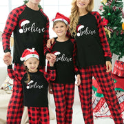 1 Set Family Matching Christmas Pajamas - 'Believe' Print, Crew Neck, Long Sleeve, Knit Fabric, Slight Stretch, All-Season Polyester PJs with Contrast Black Top & Red Plaid Pants