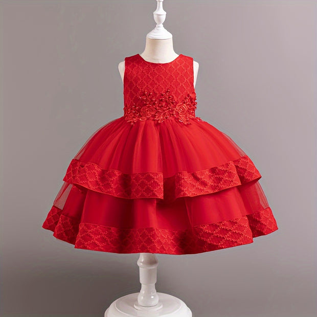 Christmas Girls' Elegant and Magnificent Tulle Dress Set, Princess Skirt for Birthday Party High-End Ball Gown Baby Holiday Performance Outfit, Christmas Dress For Girls